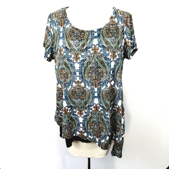 AB Studio Asymmetric Print Scoop Neck Short Sleeve Top Blouse Shirt Size L EUC - Picture 3 of 15